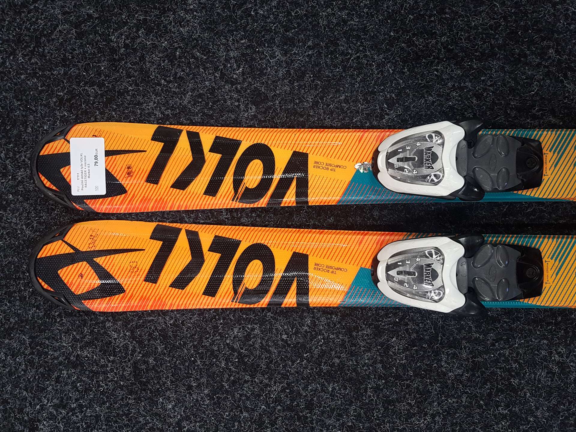Použité detské lyže VOLKL RACETIGER + viazanie Marker 4,5