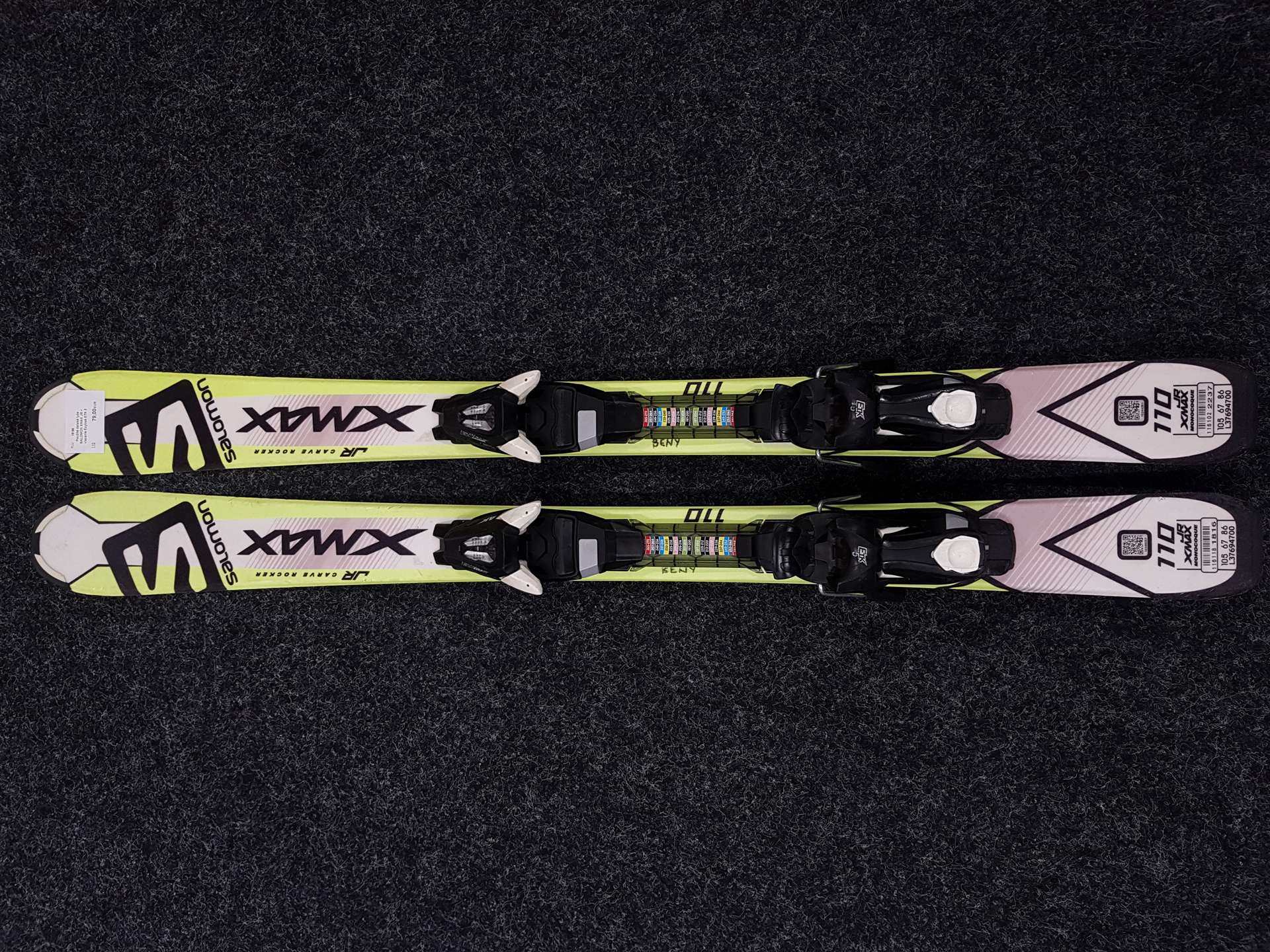 Esquís infantiles usados SALOMON XMAX JR + fijaciones Ezytrak ETK 5