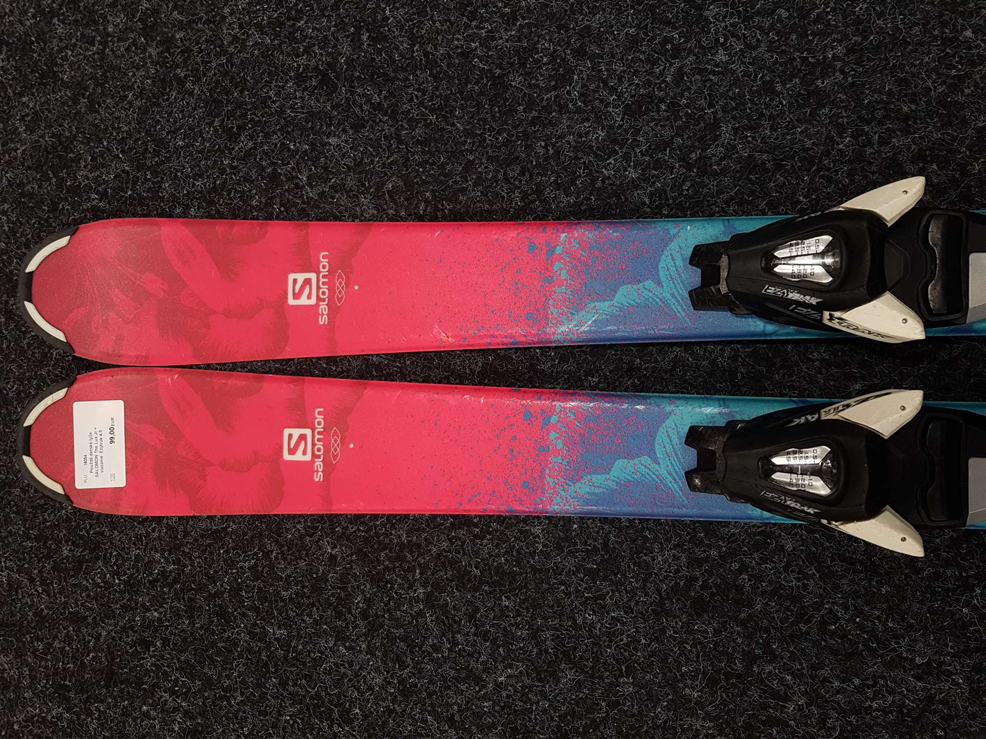 Esquís infantiles usados SALOMON The Lux Jr + fijaciones Ezytrak 4.5