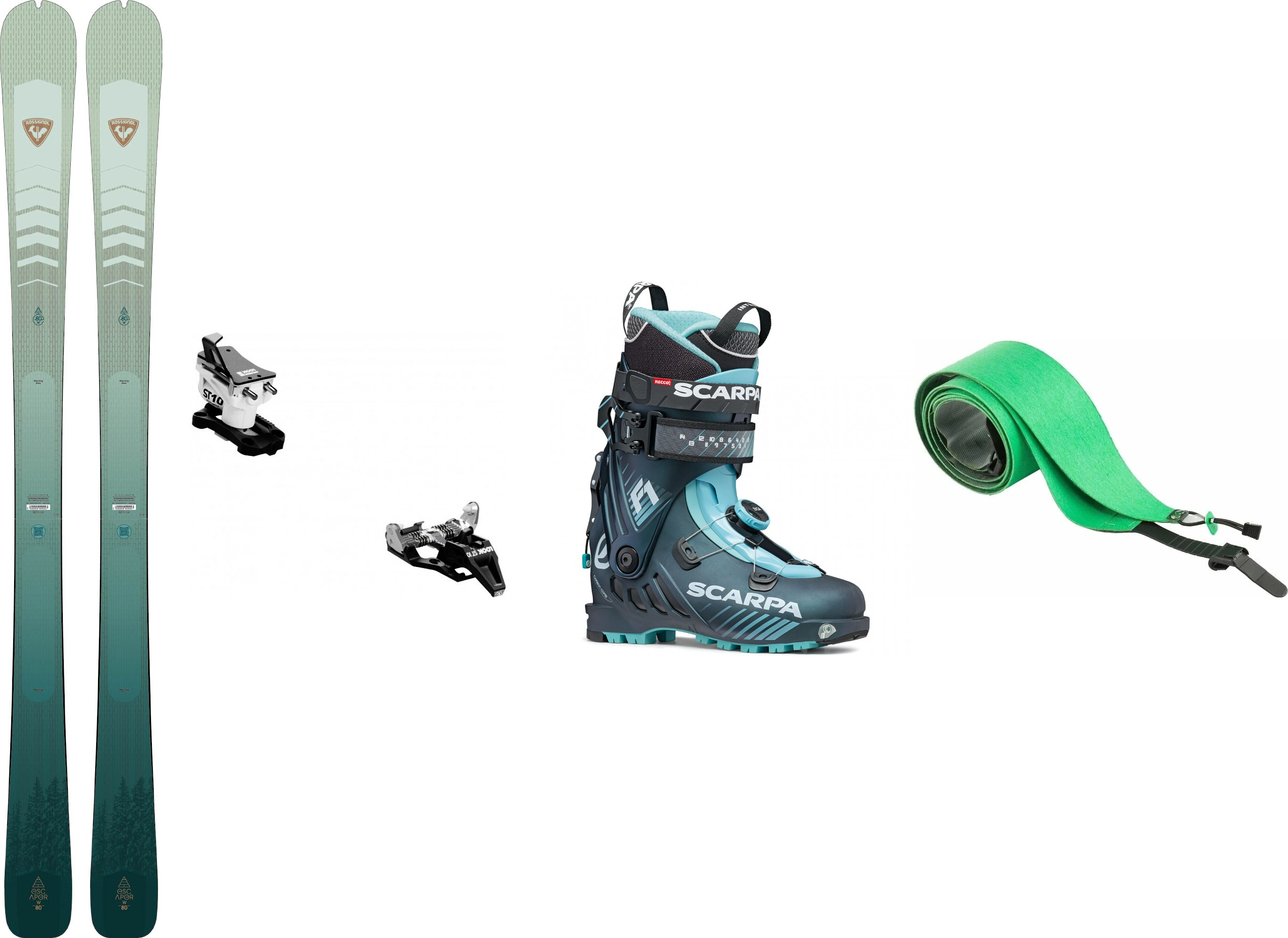 KIT SKI - Skis Rossignol Escaper W 80 + fixations de ski Look ST 10 + chaussures de ski aquatique Scarpa F1 wmn anthracite + sangles de ski Rossignol L2 Skin Escaper 80