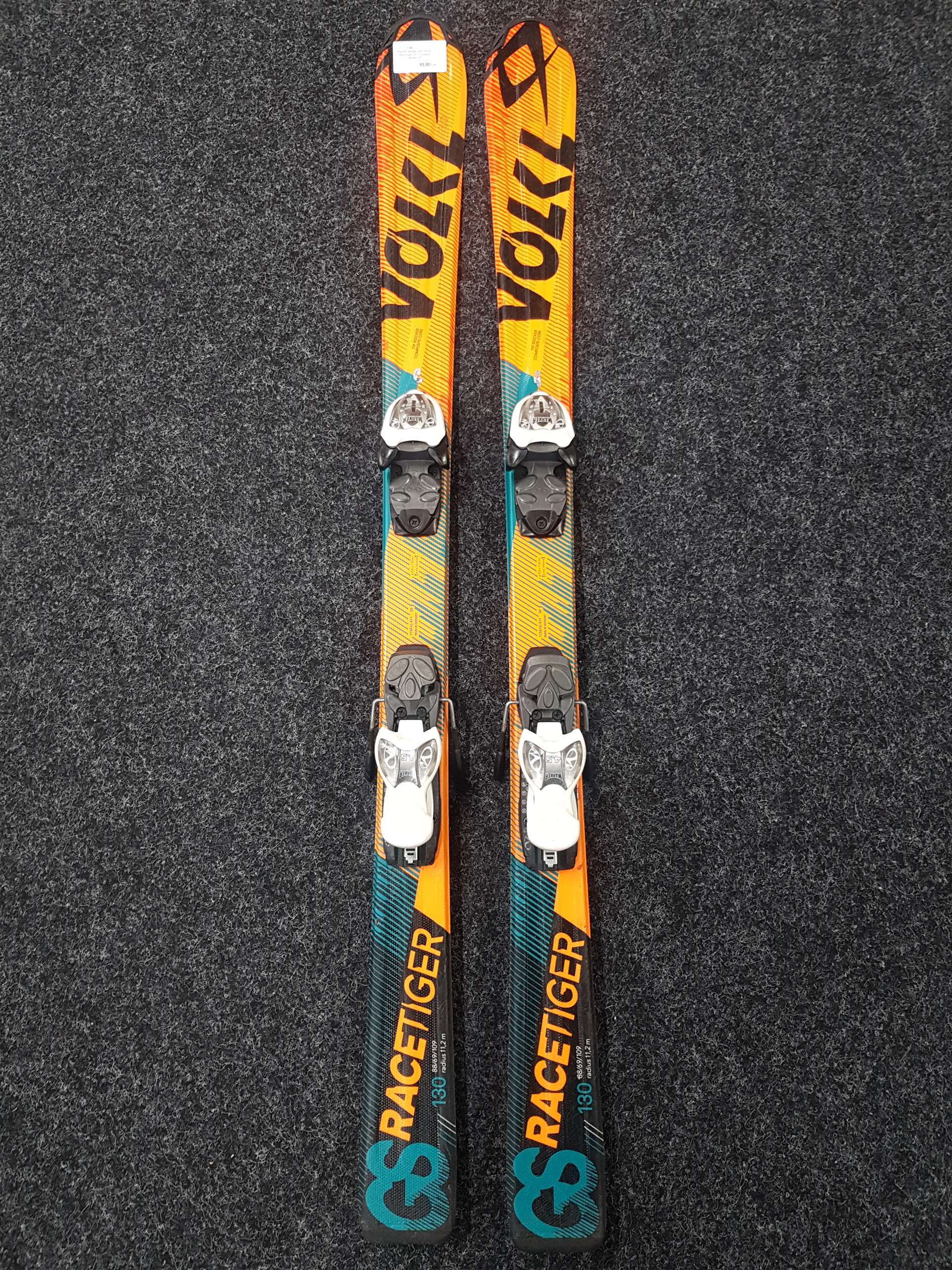 Použité detské lyže VOLKL Racetiger GS + viazanie Marker 4,5