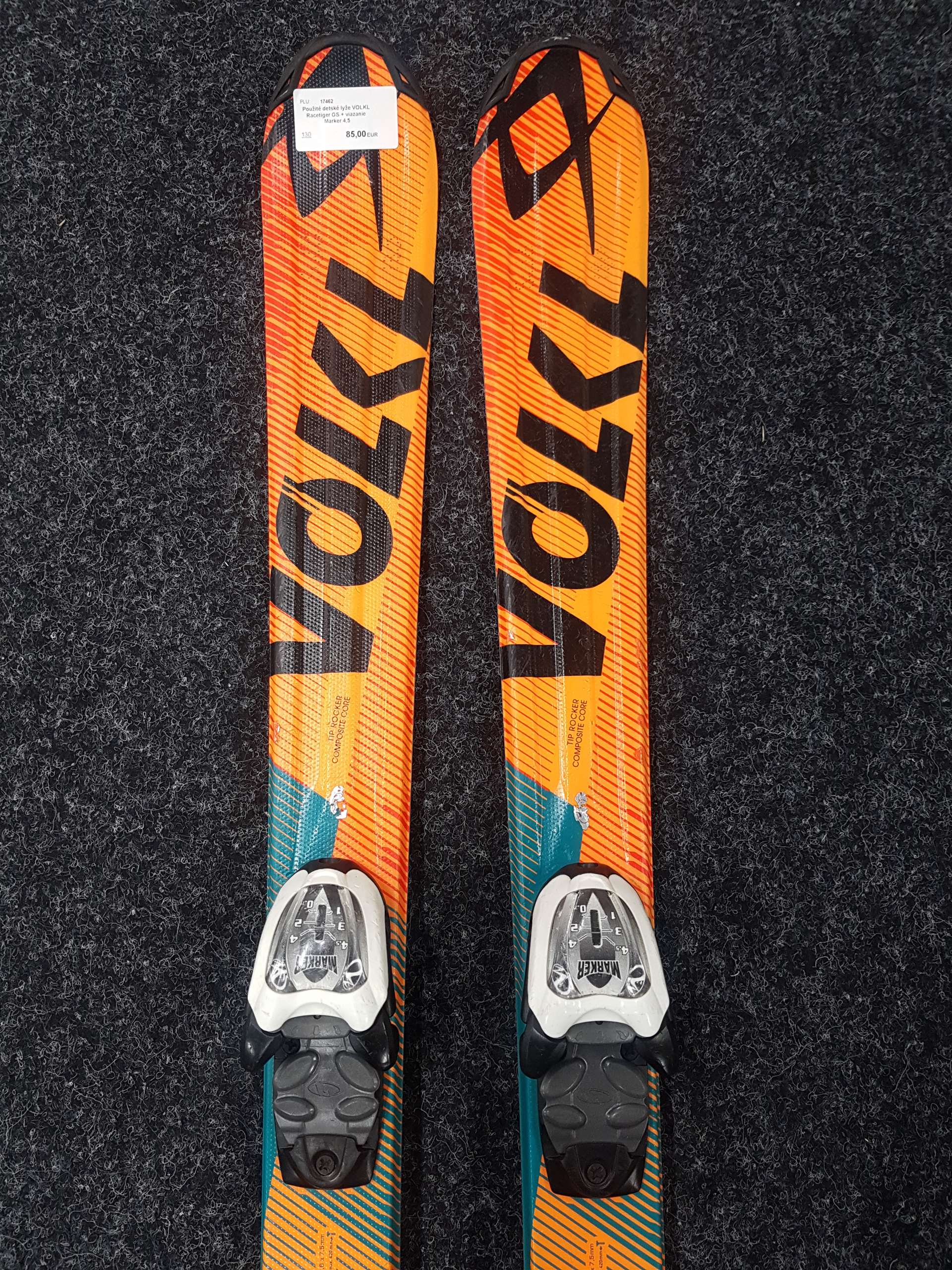 Použité detské lyže VOLKL Racetiger GS + viazanie Marker 4,5