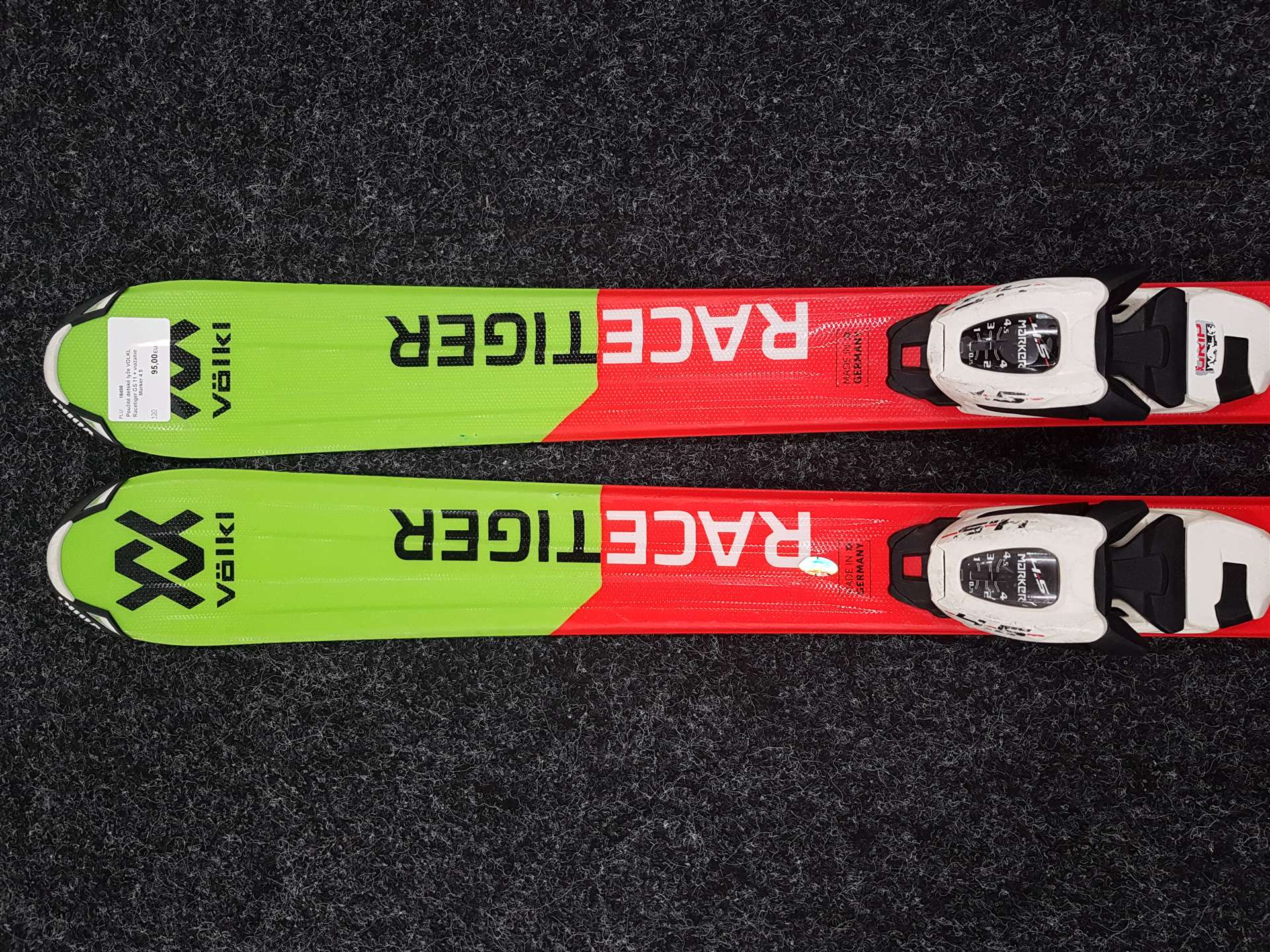 Esquís infantiles usados VOLKL Racetiger GS 11 + fijaciones Marker 4.5